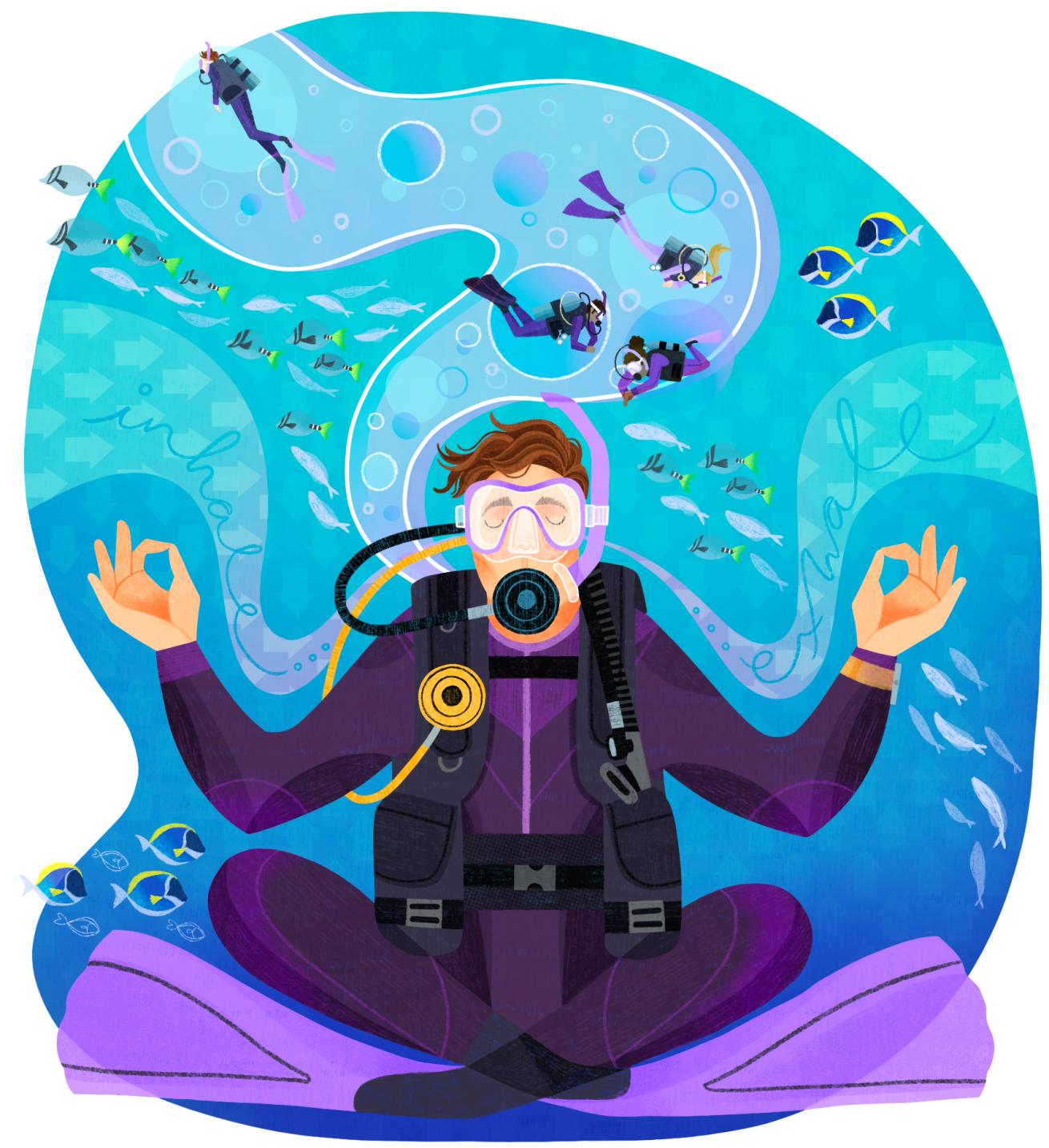 illustration of a diver doing a zen pose underwater 