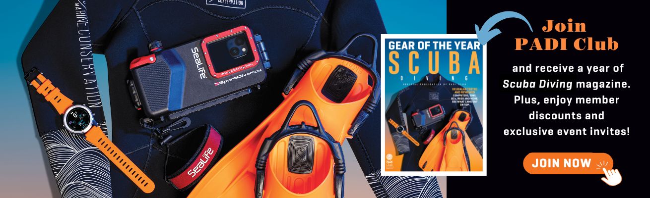 image of dive gear and cover of scuba diving magazine
